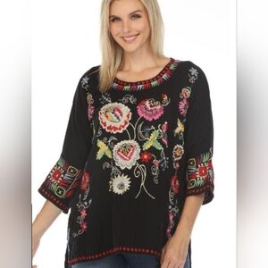 Johnny Was Black Floral Embroidered Blouse Bohemian-chic Style Size XL
